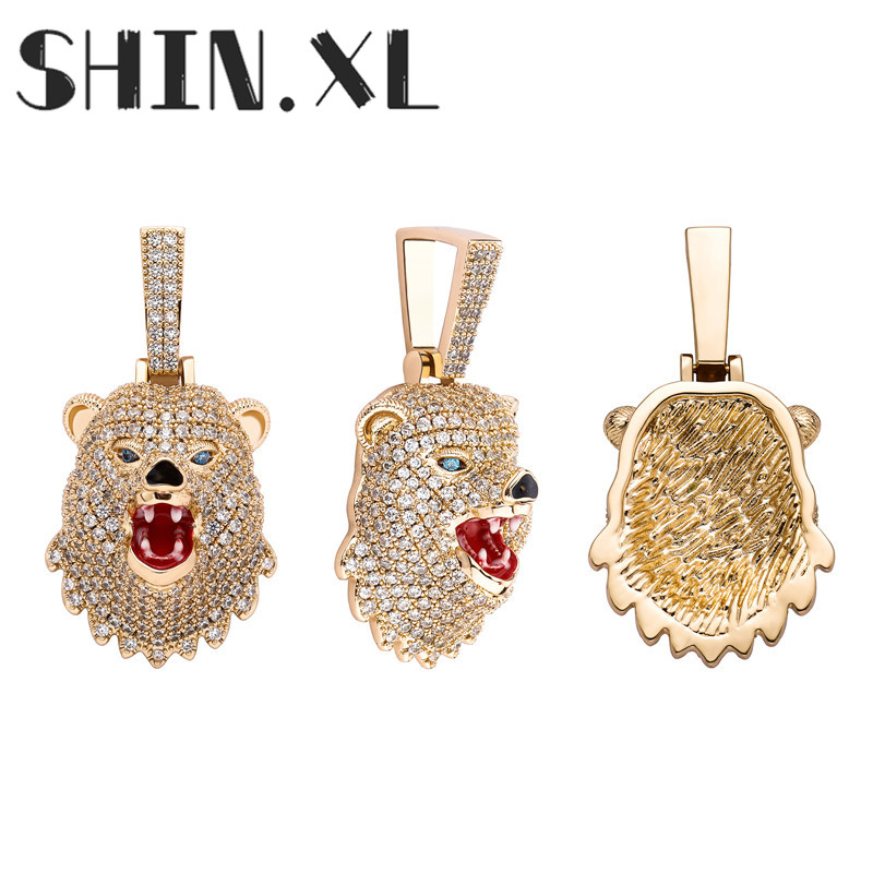 

Hip Hop Jewelry Animal Necklace Bear Pendant Iced Out Zircon Gold Silver Plated with Stainless Steel Rope Chain