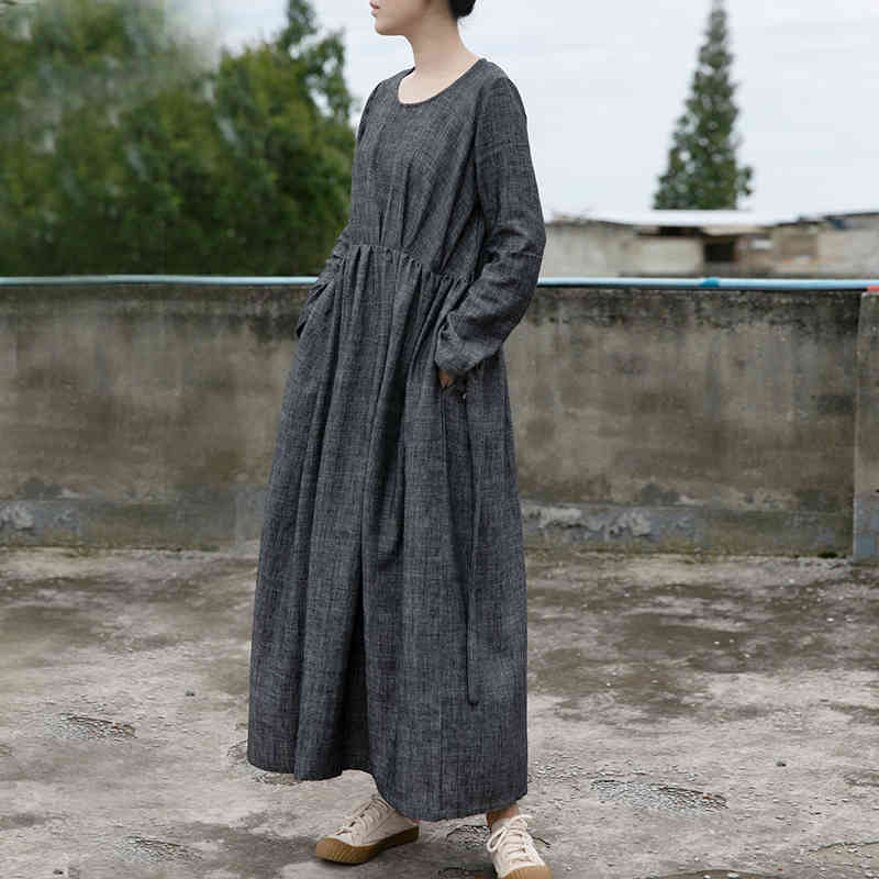 

Johnature Women Bandage Dresses Linen Vintage Gray Robes O-Neck Long Sleeve Spring Loose High Waist Female Dresses 210521
