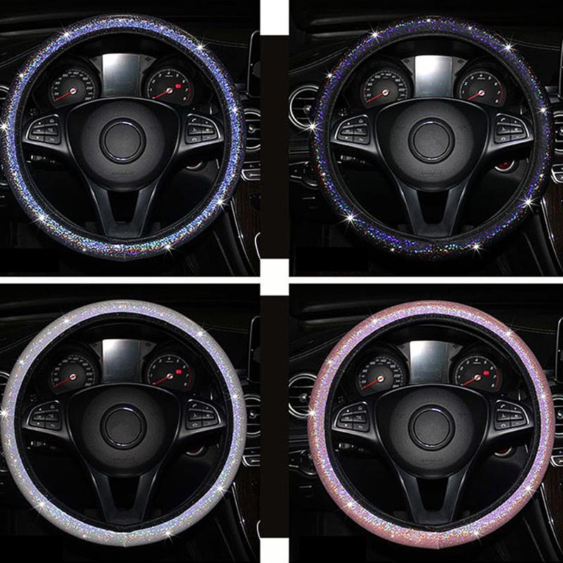 

Steering Wheel Covers Universal Diamond Cover For Car Steer 37-38cm Colorful Rainbow Bling Soft Protector Shiny Glisten