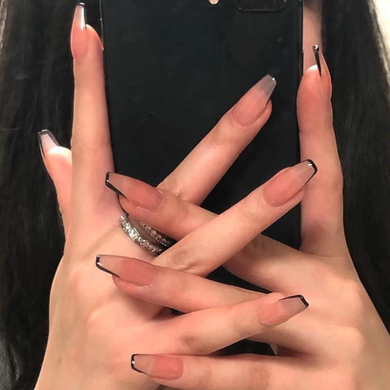 

False Nails 2021 French Short Nail Nude Black Ballet Wearing DIY Patch Salon Manicure Dropship Removable Finished B7U0, 24pcs