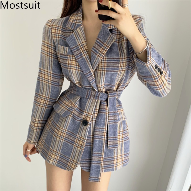 

Korean Vintage Plaid Woolen Belted Women Suit Blazer Winter Long Sleeve One-button Stylish Elegant Ladies Fashion Coat 210518, Blue