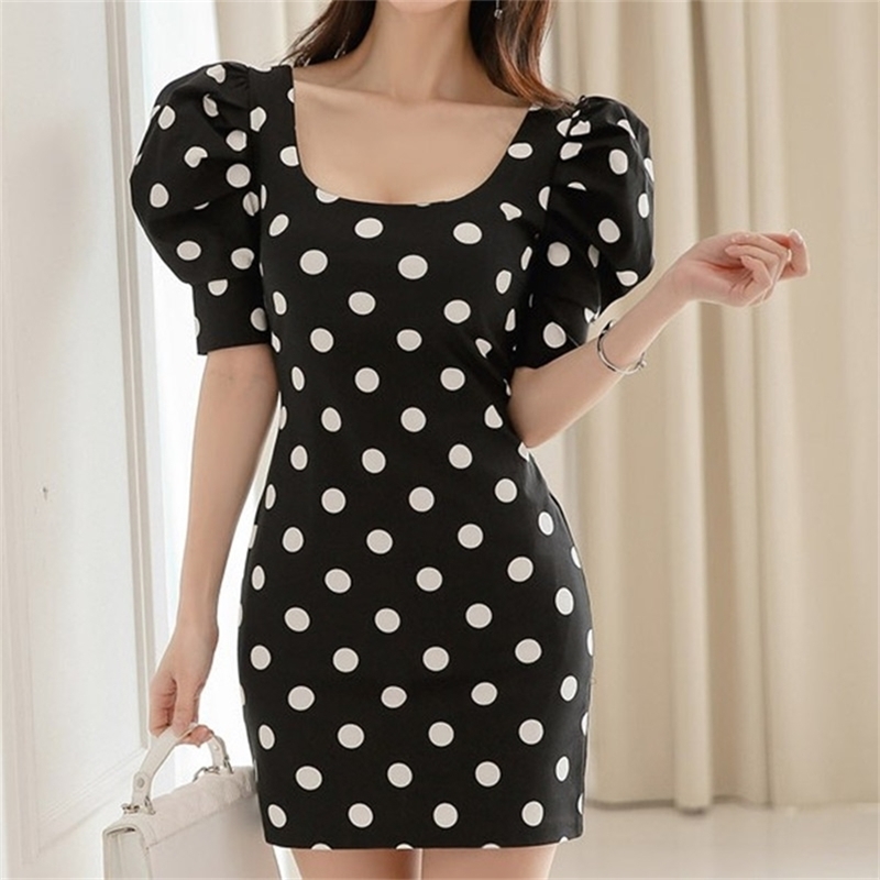

Vintage Sundress Women Lady Polka dots Short sleeve bodycon Dresses Famcy Summer Strappy Sexy vestido femme 210603, Picture color