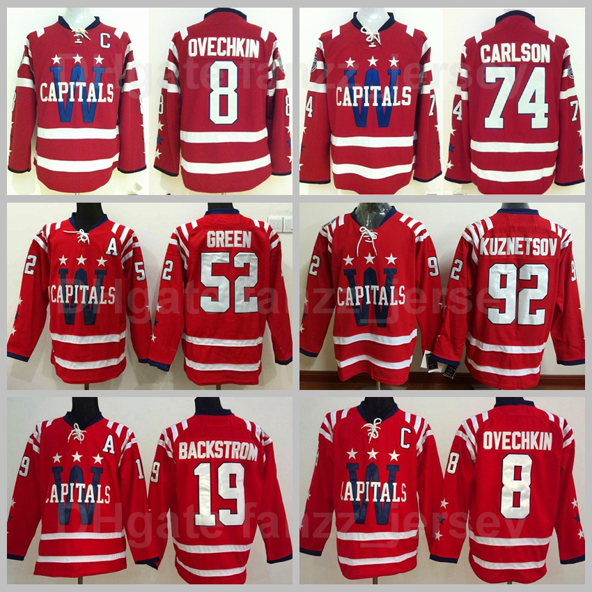 

2015-15 Winter Classic Washington Capitals Hockey Jersey 8 Alex Alexander Ovechkin 19 Nicklas Backstrom 74 John Carlson 92 Evgeny Kuznetsov 52 Mike Green, 8 red