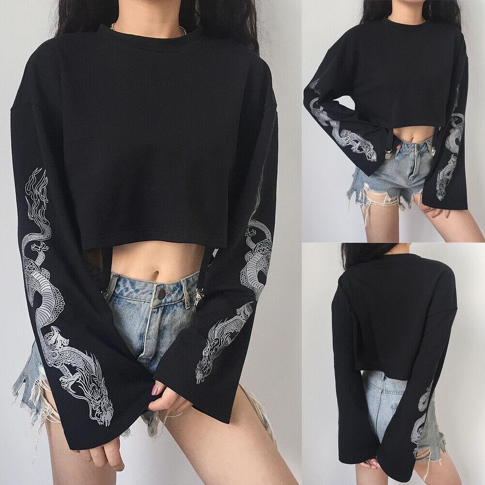 

brand women shirt long sleeve crop dragon print short blouse o neck casual pullover top, White