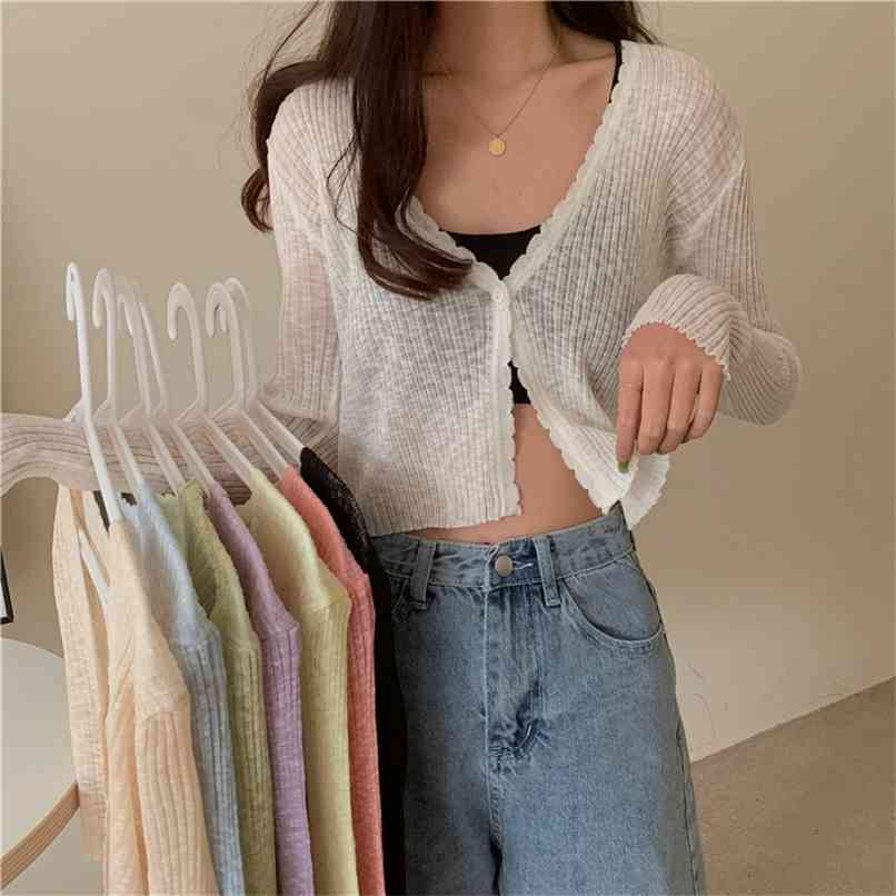 

V-neck knitted cardigan see through a buckle thin sunscreen top summer and Korean fashion women's clothing 210520, Green