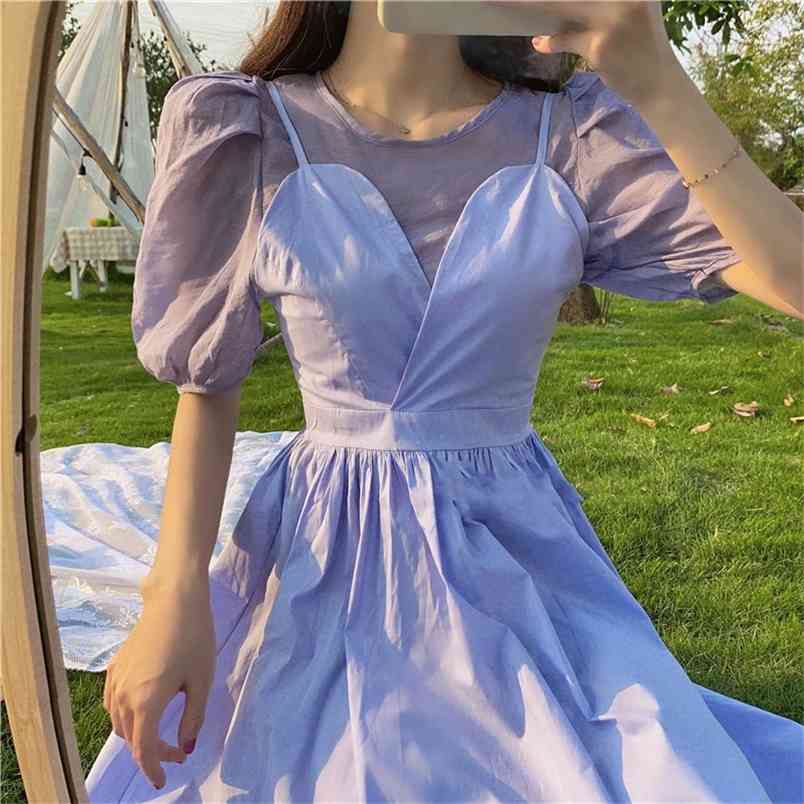 

Korea Summer Elegant Sexy V-Neck Sling High Waist Slim Dress And Puff Sleeve Top Two Piece Set 210519, Photo color