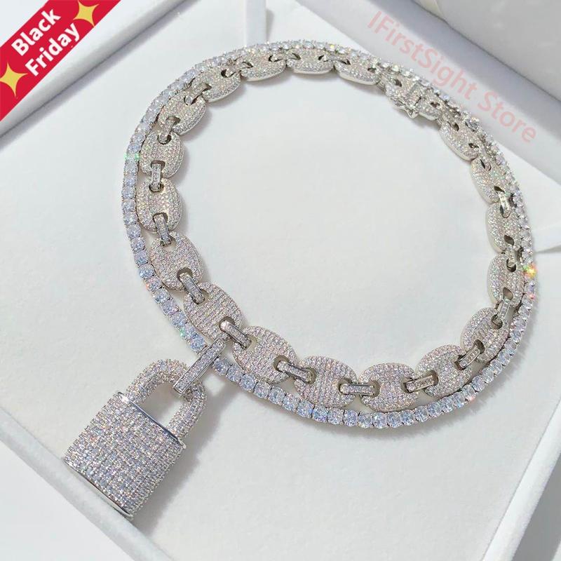 

Chains Silver Color Cz Lock Pendant Necklace 5mm Tennis Chain Iced Out Bling Cubic Zircon Charm Choker For Men Women Hop Jewelry