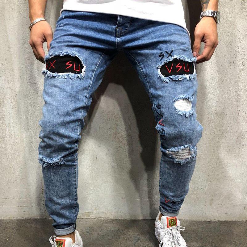 

Men' Jeans QNPQYX Autumn High Street Denim Hip Hop Ripped Embroidered FitnessMen' Hole Pants Streetwear Long Trousers, Blue