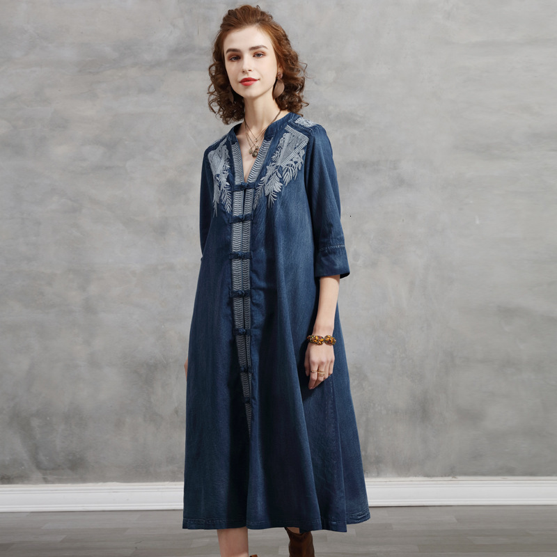 

Casual Dresses Women Spring Denim Three Quarter Sleeve Embroidery Vintage Loose Style Long Elegant HEXN, Deep blue