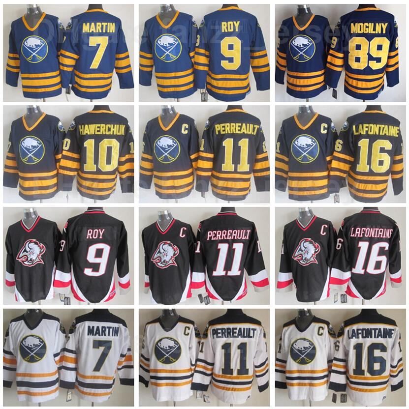 

Retro Buffalo Sabres 16 Pat LaFontaine Jersey Vintage Classic Hockey 7 Rick Martin 9 Derek Roy 10 Hawerchuk 11 Gilbert Perreault 89 Mogilny, 7 white