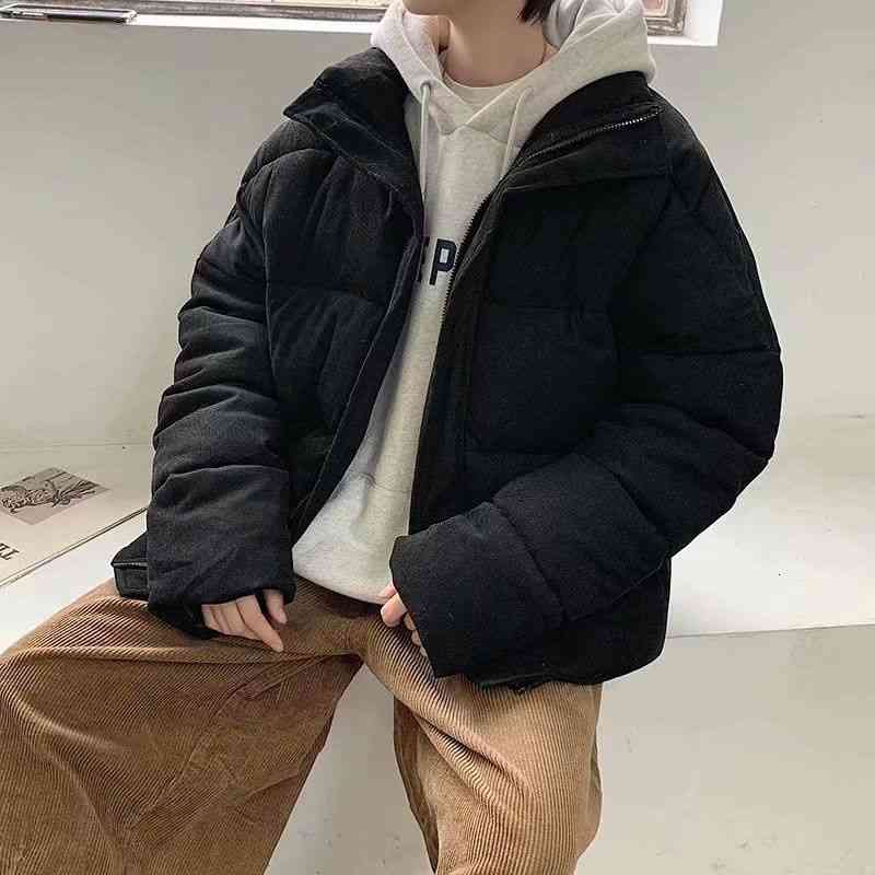 

men's fur & faux winter jacket warm fashion retro thicken corduroy coat streetwear loose casual stand-up collar short s outwear wa, Black