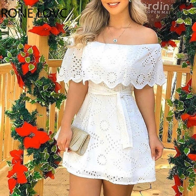 

Women Solid Off Shoulder Hole Mini Dress Casual Dress Elegant Fashion Chic Dress, White