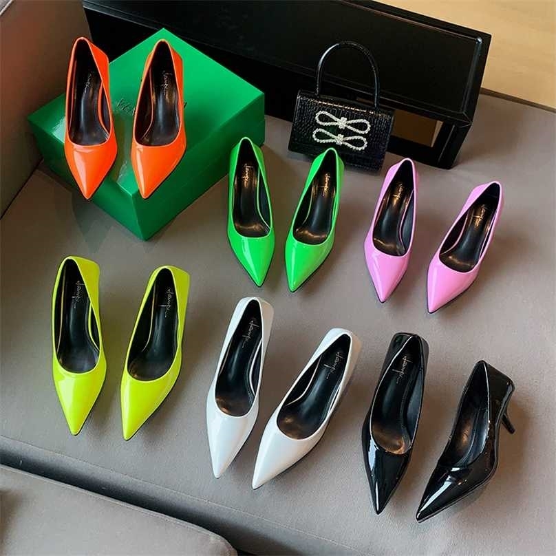 

Pointed Toe Women Pumps Shallow Slip On Thin High Heels Candy Color Ladies Office Shoes Nightclub Patent Leather 211029, Green