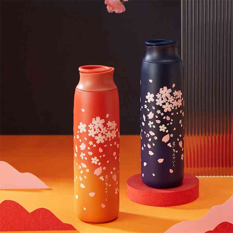 

Japanese Style Sakura Thermos Bottle Portable Travel Coffee Mug Insulated Cup 304 Stainless Steel Thermos Vacuum Flask Gifts 210809