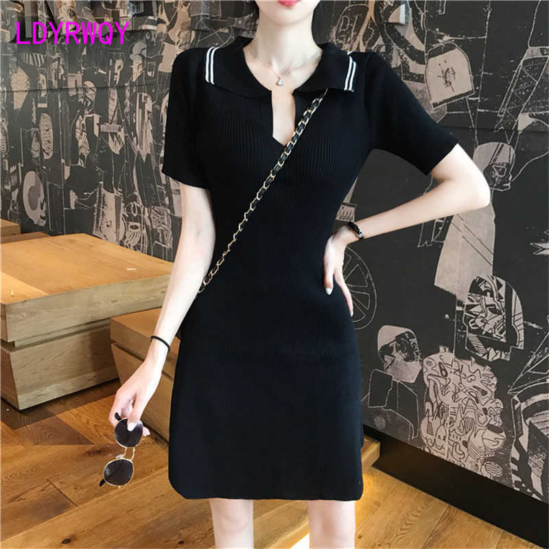 

[LDYRWQY] Spring / Summer Retro Casual Little Black Polo Collar Short Sleeve Knit Women 210603
