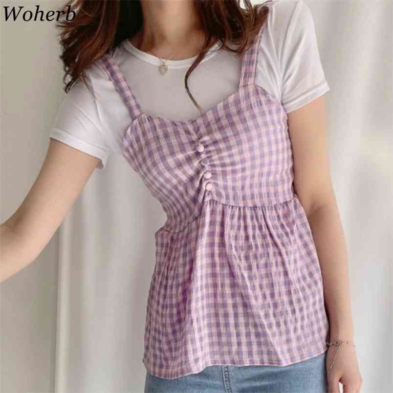 

Summer Suit Female O Neck Short-sleeve T-shirt Plaid Slim Waist Camisole Two-piece Set Women Korean Sweet Tees Clothing 210519, Purple plaid set