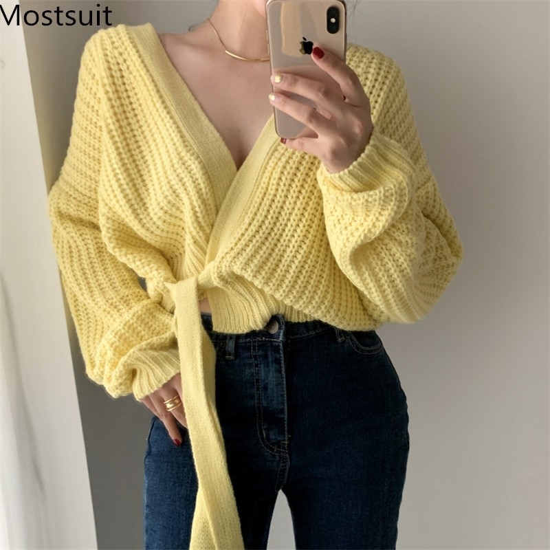 

Winter Korean Knitted V-neck Belted Cardigans Sweaters Women Full Sleeve Fashion Ladies Sexy Lazy Style Jumpers 210518, White