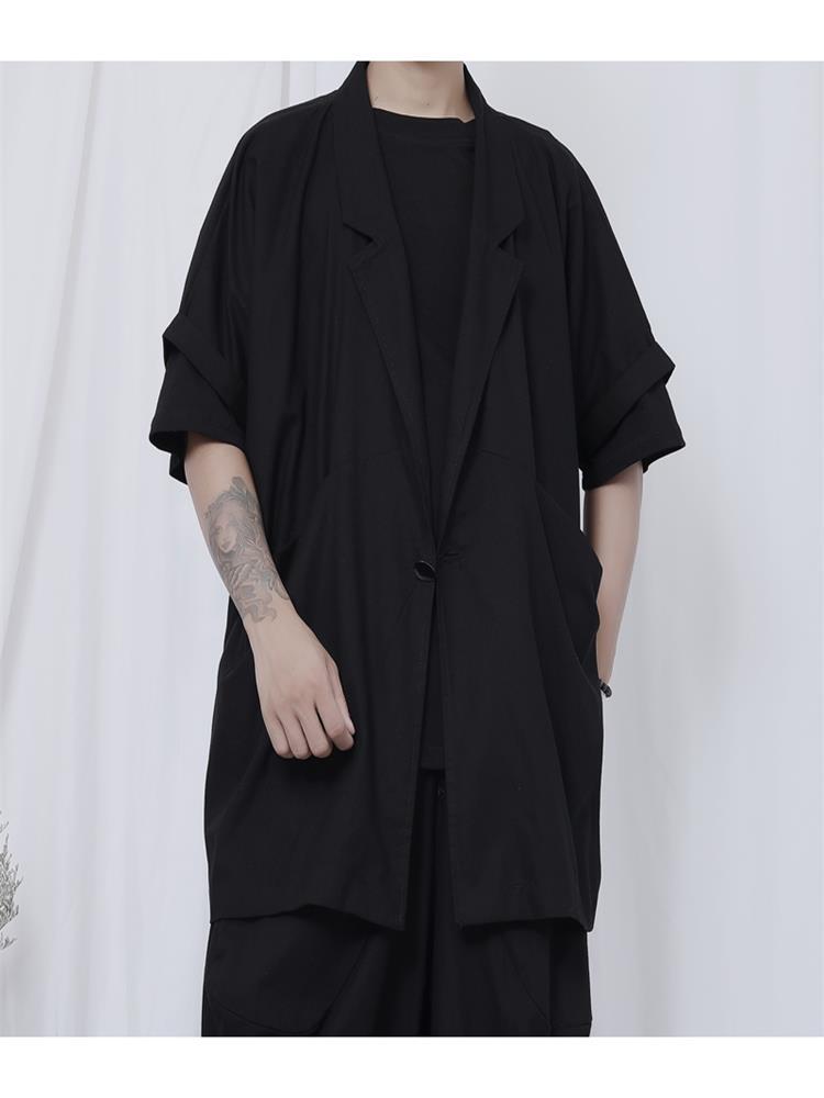 

Men' Trench Coats Hairdresser' Windbreaker Short Jacket Japanese Linen-cotton Sleeve Loose Oversize Coat, Black