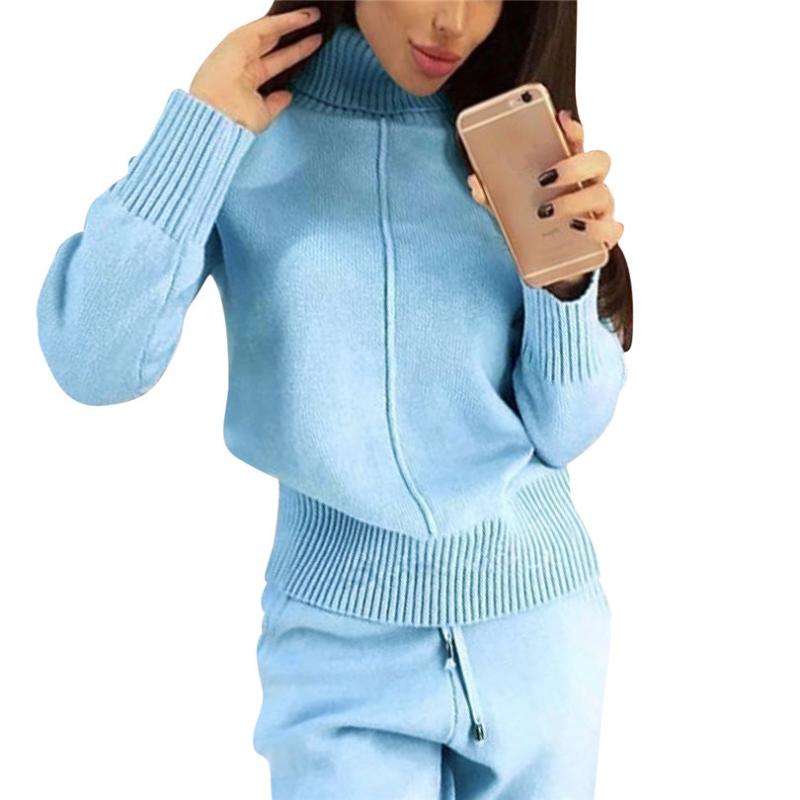 

Women' Two Piece Pants Woman Elegant Tracksets Autumn Winter Vintage Turtleneck Sweater Outfits Women Casual Sportsuits Knitted Sets, Blue