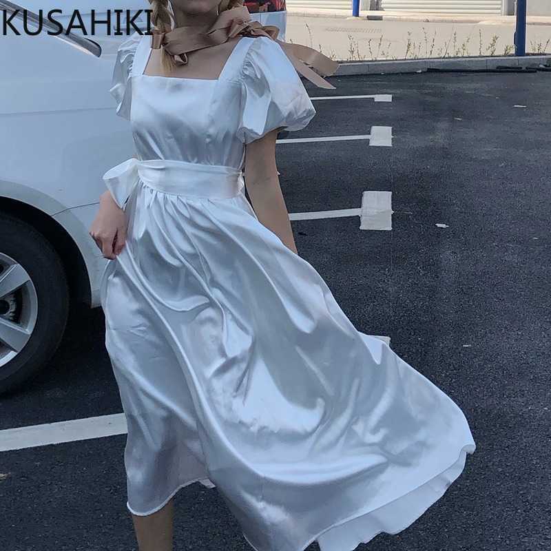 

KUSAHIKI Summer Sweet Woman Dress Korean Puff Sleeve Square Collar Dresses High Waisted A-line Vestidos Feminimos 6H621 210602, White
