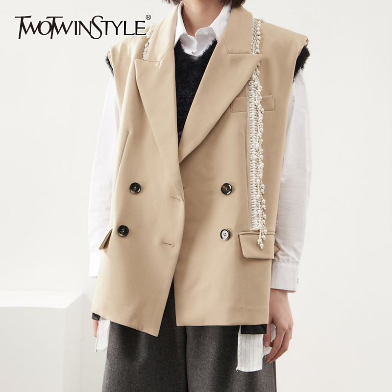 

Hit Color Patchwork Pearl Coat For Women Notched Sleeveless Straight Korean Coats Female Spring Fashion Style 210524, Khaki