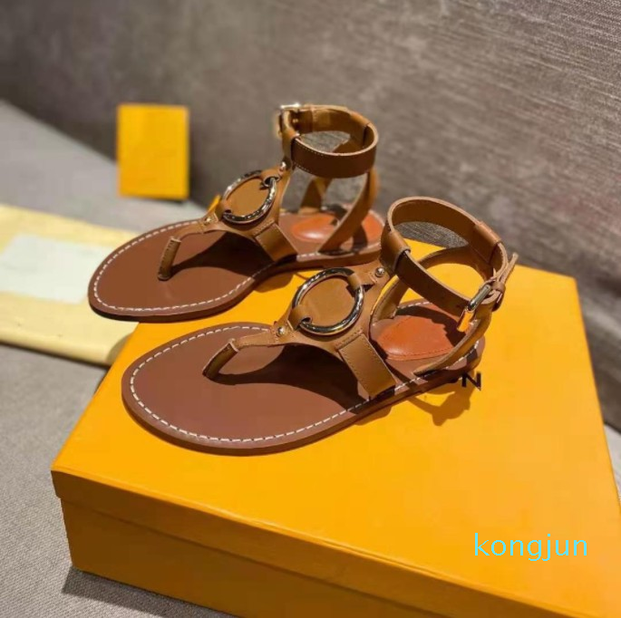 

Designer- Women Leather Sandals Gold-tone Metal Ring Summer Designer Lady Ankle Strap Buckle Flat Rubber Outsole Sandal, Brown