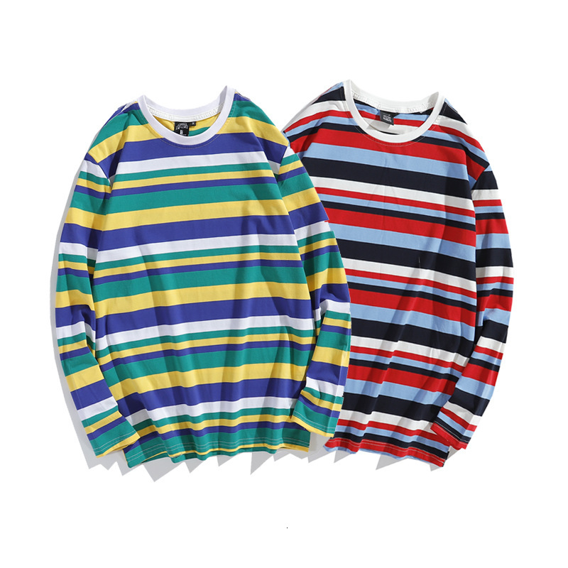 

t shirt hip hop fashion brand ins striped long sleeve 2021 autumn loose bf style men's and women's bottom, White;black