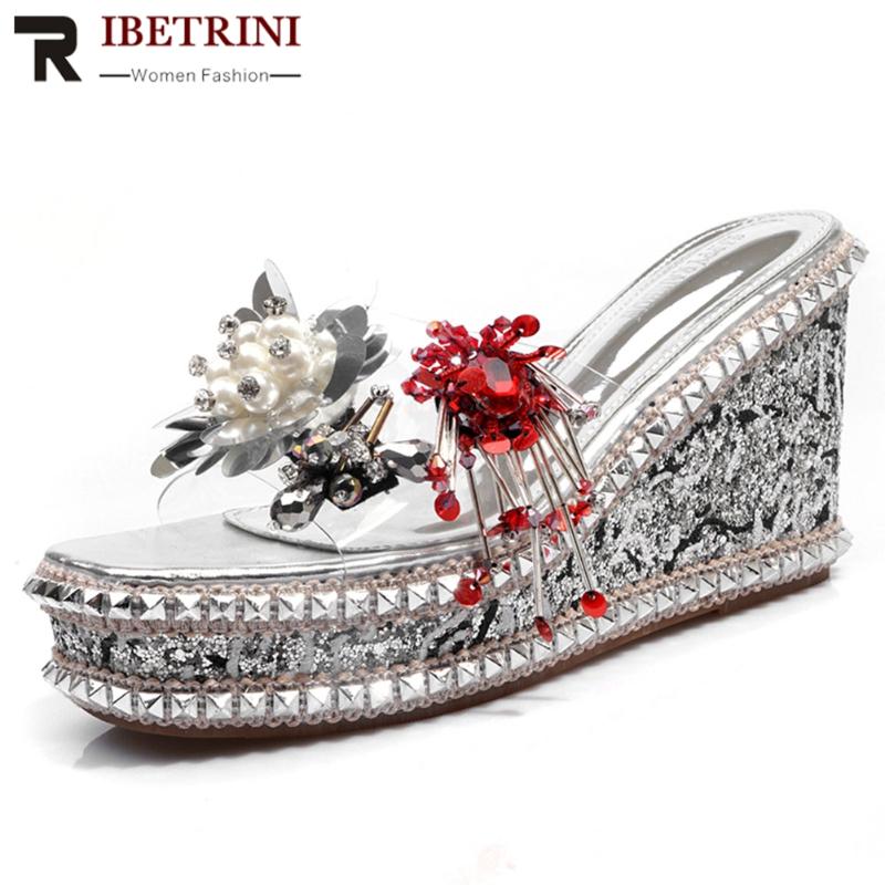 

Fashion Women Flower Platform Luxury Summer Shoes Pvc High Wedges Pumps Bling Pear Dress, Black