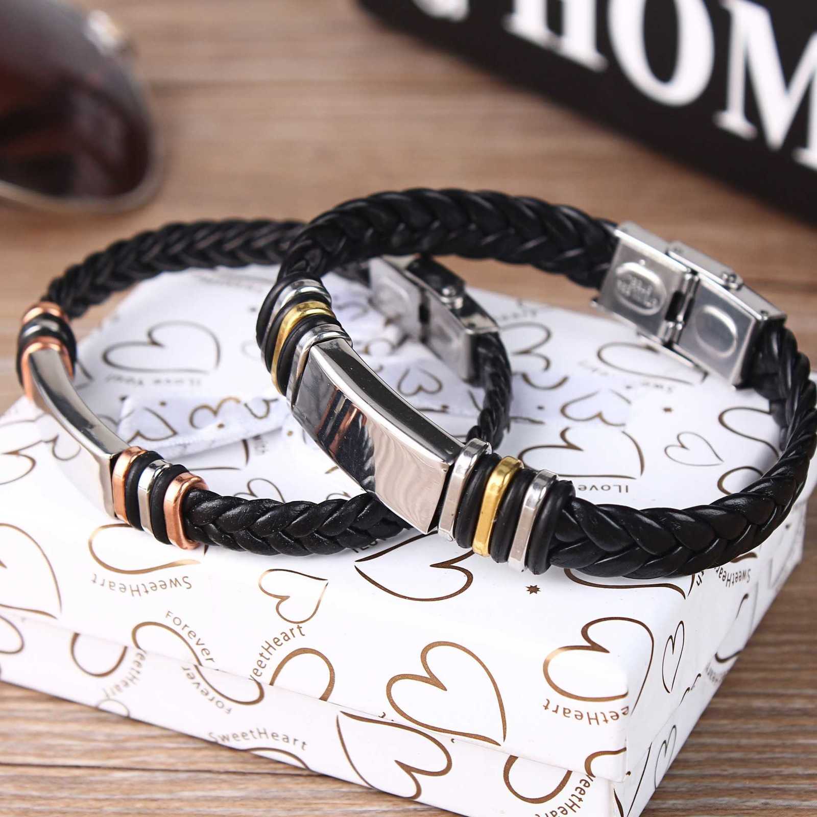 

a Pair of Pu Braided Band Plated Black Bracelet for Lovers, Golden;silver