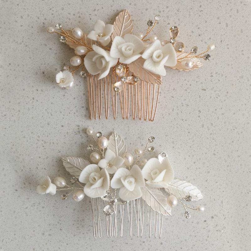 

Hair Clips & Barrettes SLBRIDAL Handmade Alloy Leaf Rhinestone Ceram Flower Freshwater Pearls Bridal Comb Wedding Accessories Women Jewelry, Golden;silver