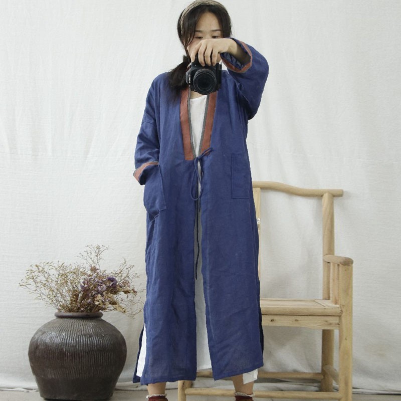 

Johnature Autumn Cotton Linen Retro All-match Long Sleeve Lace Up Windbreaker Loose Comfortable Women Cardigan Coats 210521, Navy blue