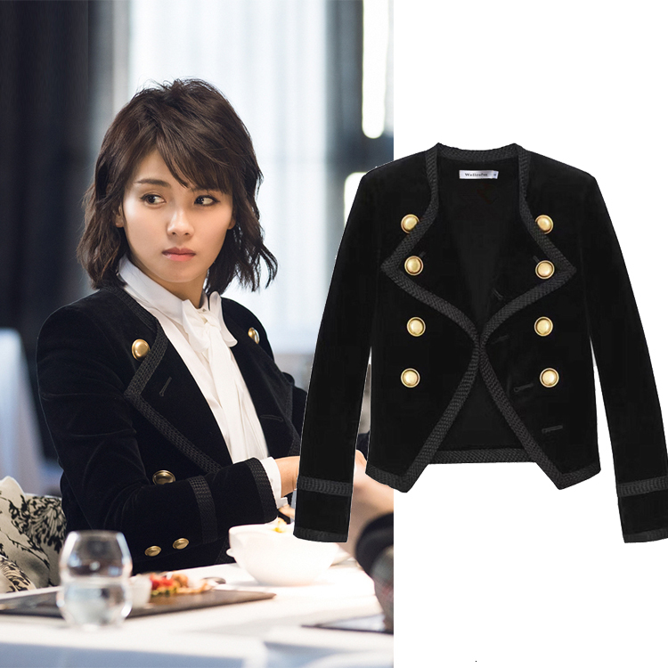 Women&#039;s Suits & Blazers Runway Autumn Winter Women Jacket Coat Designer Black Velvet Double-Breasted Long Sleeve Slim Short OLEO-image-699270261