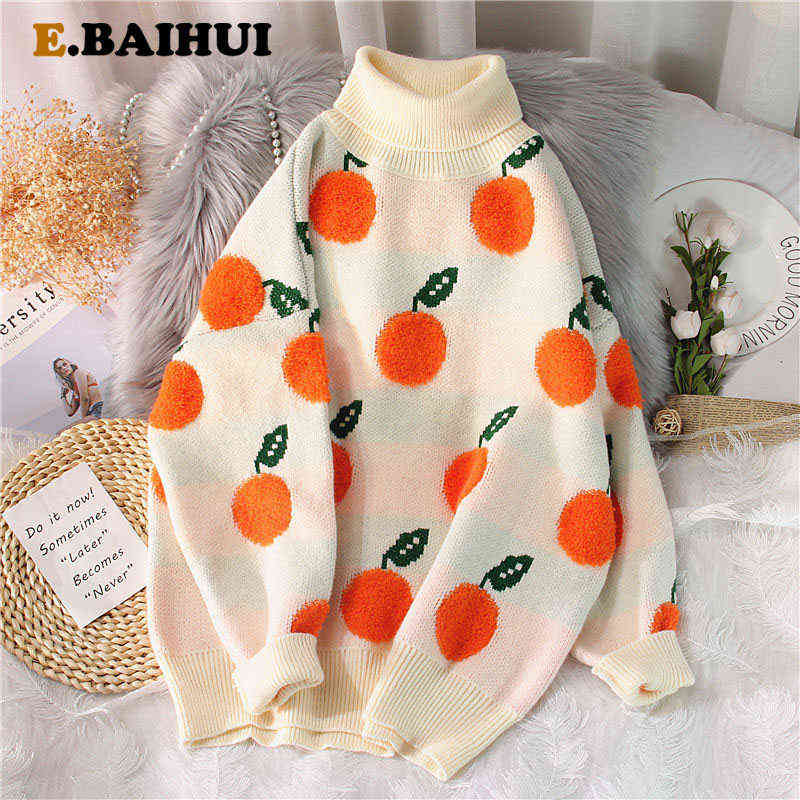 

EBAIHUI Autumn Winter Sweaters Pullover Cherry Pattern Long Sleeve Sweater Women Turtleneck Knitted Jumpers Sweater Mujer 211109, O neck beige