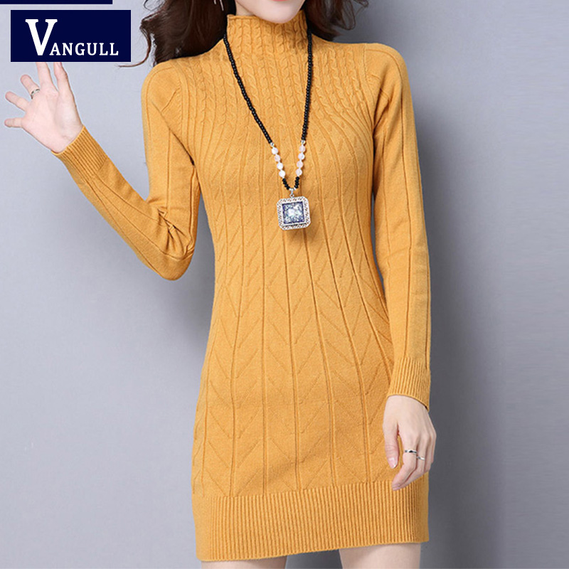 

Vangull Autumn Winter Solid Knitted Cotton Sweater Dresses New Women Fashion Turtleneck Pullover Female Knitted Dress Vestidos, Black