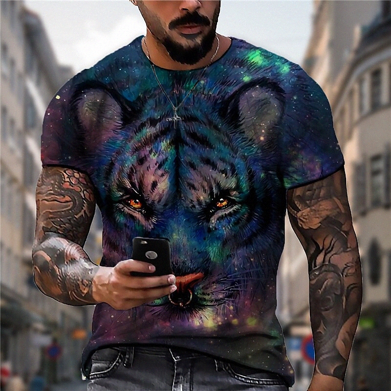 Men's Unisex T shirt 3D Print Graphic Prints Tiger Crew Neck Daily Holiday Print Short Sleeve Tops Casual Designer Big and Tall Blue j0zA#