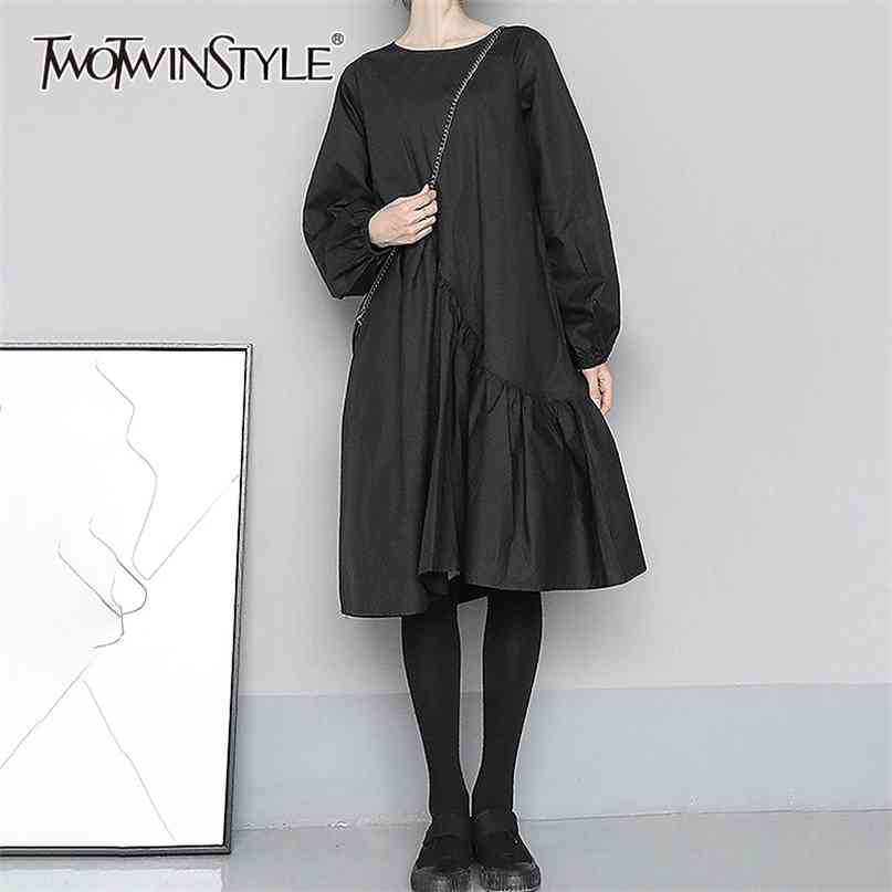 

Casual Black Dress For Women O Neck Long Sleeve Solid Minimalist Loose Dresses Female Fashion Clothes Fall 210520