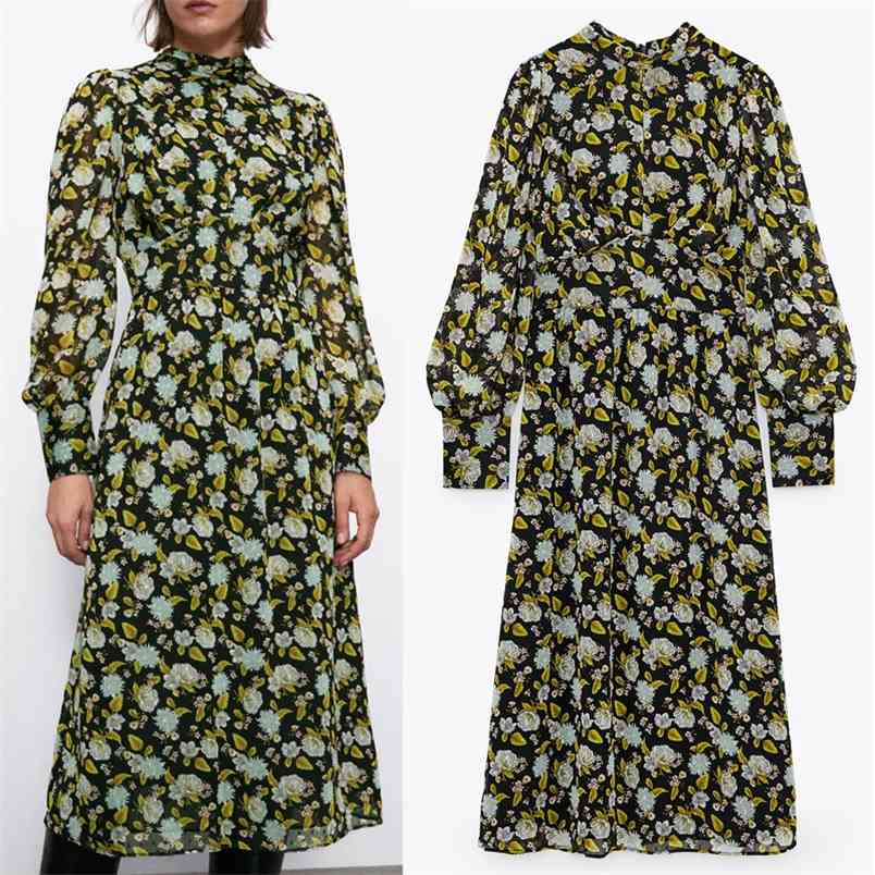 

Vintage Floral Print Chiffon Midi Dress Women Waist Pleated Long Puff Sleeve Ladies Semi-sheer Elegant es 210519