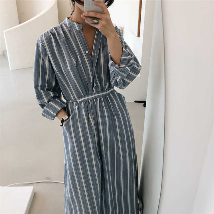 

Retro Striped Stand Single-breasted Waist Slim Full Ankle-Length Dress for Women 210615, Picture color