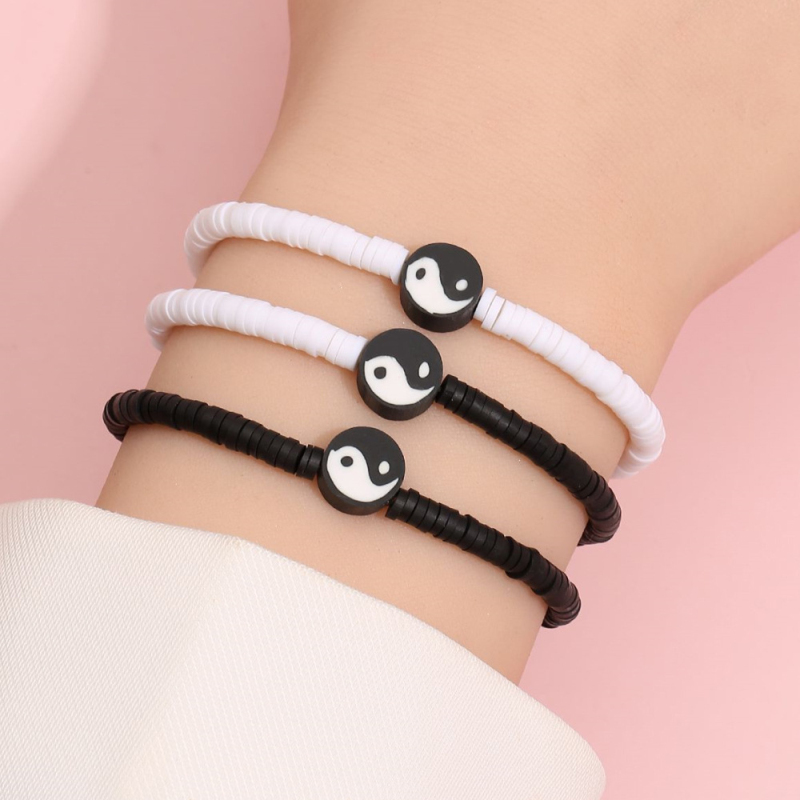 

Cool White Black Vinyl Heishi Disc Strands Yin-Yang Gossip Beads Bracelet Wholesale for Men Women Couples 3PCS/Set