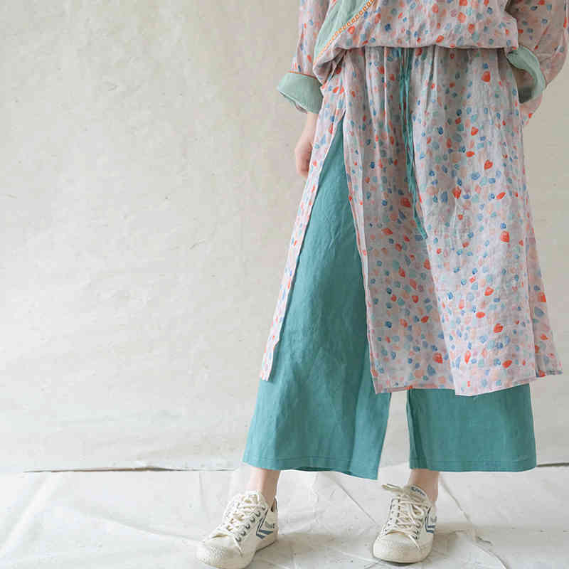 

Johnature Women Vintage Patchwork Wide Leg Pants Original Trouser Summer Ramie Loose Print Floral Women Irregular Pants 210521, Multi