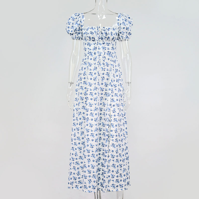 

2021newasia floral print dress sweet square neck puff sleeve side spilt dstring maxi dresses for women party chic casual outfits, Black;gray