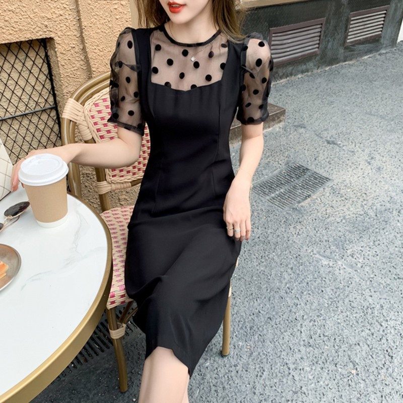 

Summer Elegant Polka Dot Organza Puff Sleeve Stitching Fake Two Korea Chic Retro Fashion Slim Party Dress Vestidos 210518, Photo color