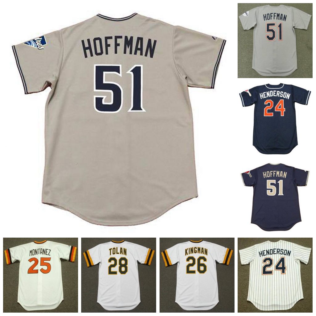 

San Diego Vintage Baseball Jersey 24 RICKEY HENDERSON 1996 25 WILLIE MONTANEZ 1980 26 DAVE KINGMAN 1970' 28 BOBBY TOLAN 1974 51 TREVOR HOFFMAN 1998, 28 bobby tolan 1974 white