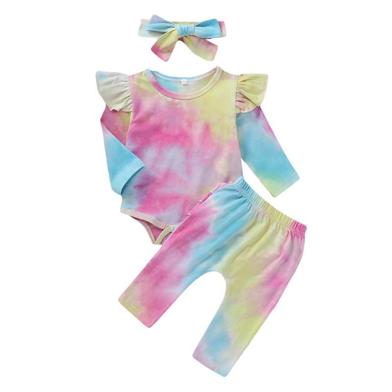 

Clothing Sets 3-18M Infant Baby Girls 3PCS Spring Autumn Rainbow Tie-Dyed Bodysuit +Ruffles Pants Outfits Suit Girl Clothes, White