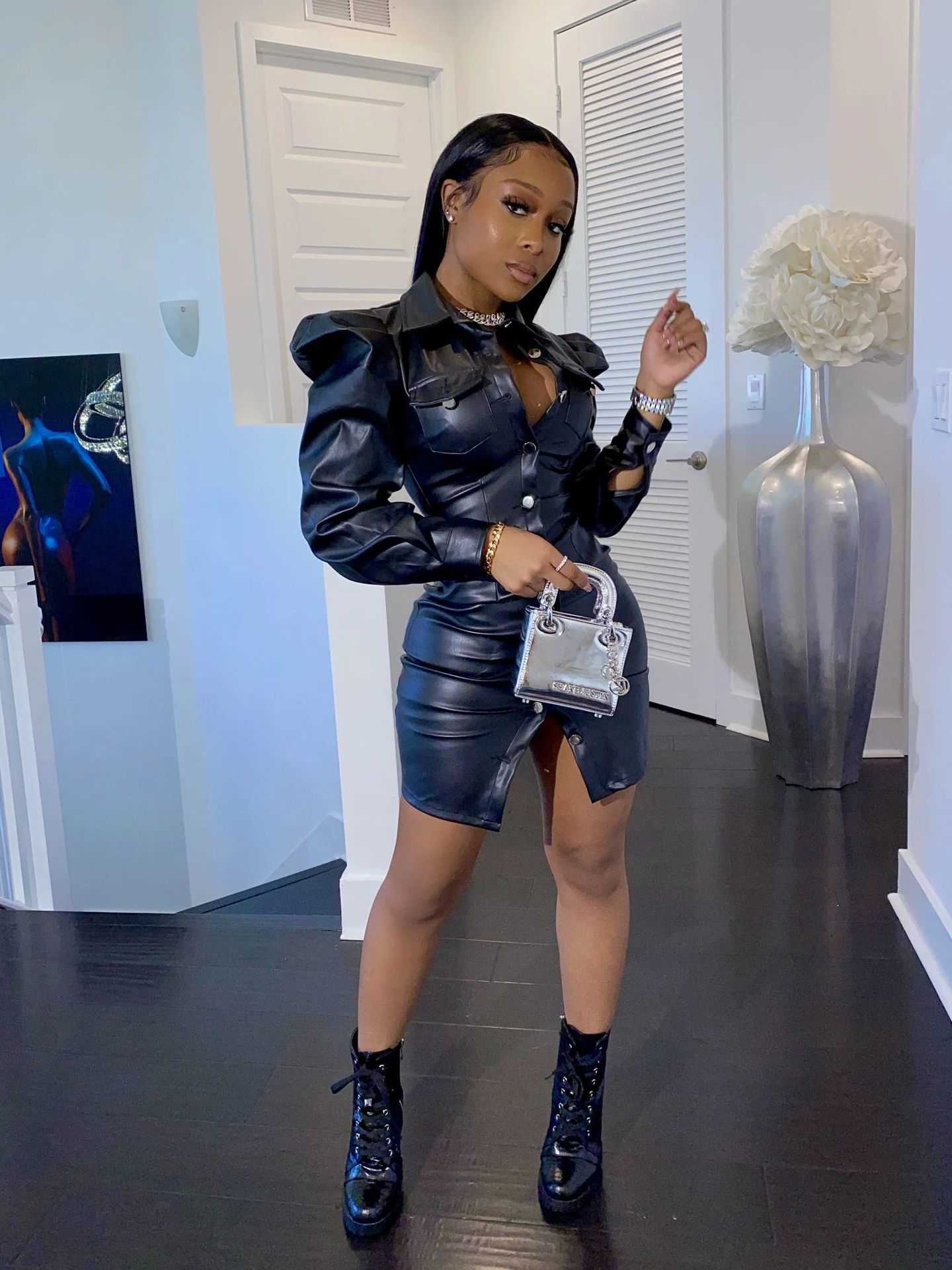 

Puff Long Sleeve Faux PU Leather Jacket Dress Women Solid Pleated Mini Sexy Dress Female Bodycon Single-breasted Ruched Dresses 210709, Turmeric