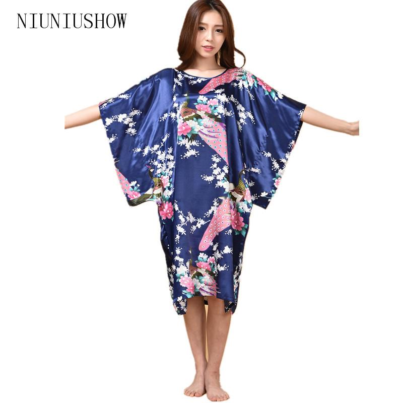 

Women's Sleepwear Chinese Silk Robe Summer Lounge Home Dress Printed Peacock Yukata Nightgown  J06, Black