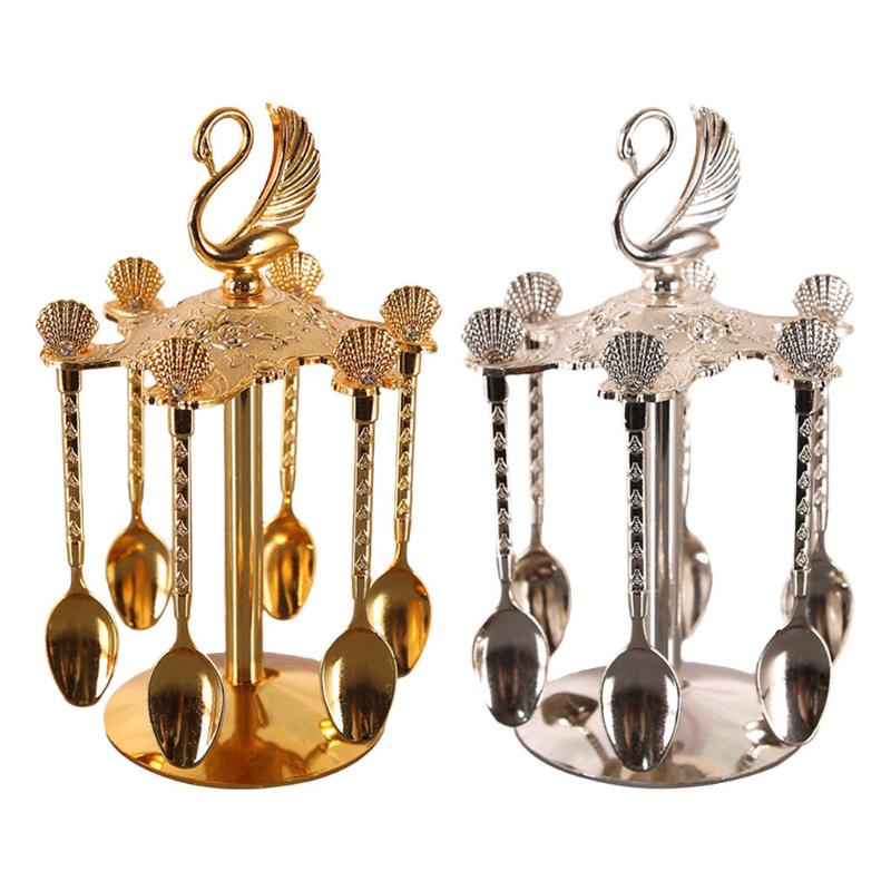 

Dinnerware Sets Zinc Alloy Swan Base Holder W/ 6 Spoons Teaspoons Set Kitchen For Stirring Fruit Ice Cream Cake Dessert