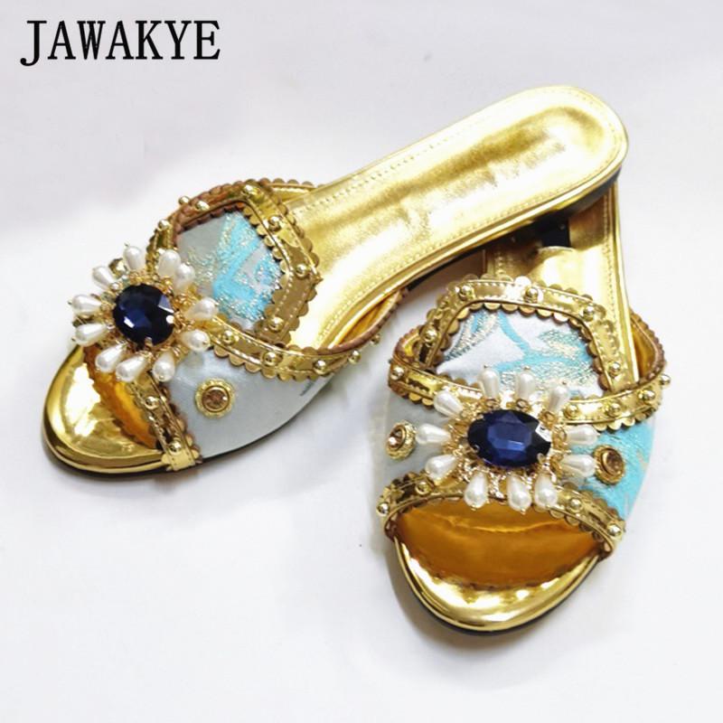 

Slippers Rhinestone Flower Women Gold Flat Aqua Blue Embroidery Open Round Toe Party Beach Shoes Retro Luxurious Summer Slides, Black