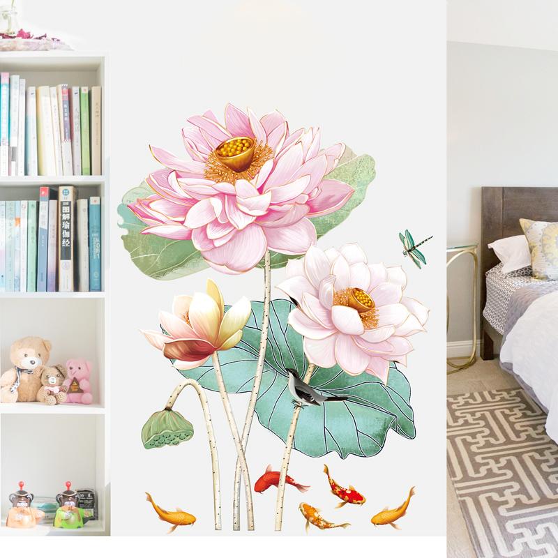 

Wall Stickers 3D Pink Lotus Teen Room Decor Bedroom Living Decoration Art DIY Mural Chinese Style Flowers Wallstickers