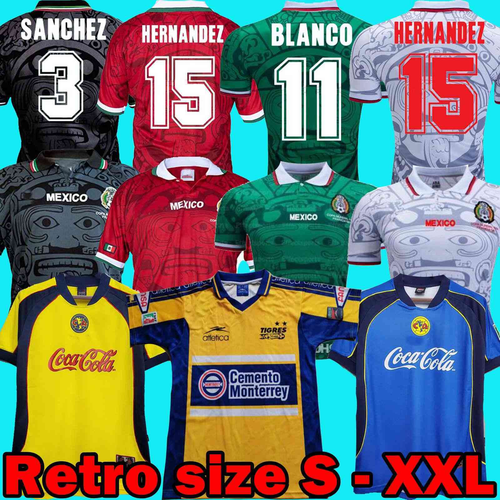

199 2000 Tigers UANL Retro 99 00 1987 01 02 America retro soccer Jersey 1998 MEXICO RETRO BLANCO Hernandez Blanco Campos soccer jerseys 1994, Black;yellow